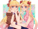 2girls aino_minako aqua_nails artemis_(sailor_moon) bag bangs bare_shoulders bishoujo_senshi_sailor_moon blonde_hair blue_eyes bow casual cellphone closed_mouth double_bun earrings emuru_(mushroom379) from_side gradient_hair hair_bow head_rest highres holding holding_phone jewelry light_smile lipstick looking_at_viewer luna_(sailor_moon) makeup multicolored_hair multiple_girls nail_polish parted_bangs phone pink_lips ring sleeveless smartphone tsukino_usagi twintails watch wristwatch 