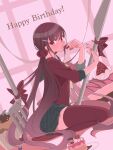  1girl bangs bow brown_hair cake cake_slice candy chocolate commentary_request danganronpa_(series) danganronpa_v3:_killing_harmony dutch_angle eyebrows_visible_through_hair food fork fruit hair_ornament hairclip hands_up happy_birthday harukawa_maki highres holding holding_food knife long_hair long_sleeves looking_at_viewer low_twintails mole mole_under_eye open_mouth oversized_food oversized_object plaid plaid_skirt plate pleated_skirt red_bow red_eyes red_legwear red_nails red_scrunchie red_shirt school_uniform scrunchie seiza shirt sitting skirt solo strawberry striped striped_bow thighhighs twintails very_long_hair yoshi_taka_(y_04taka) zettai_ryouiki 