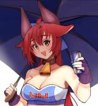  1girl animal_ears bandolier bare_shoulders bell bell_choker black_horns blue_eyes blue_nails blue_ribbon breasts can choker cleavage collarbone cow_girl cow_horns energy_drink eyebrows_visible_through_hair fingerless_gloves fingernails gloves hair_ribbon holding holding_can holding_umbrella horns kumaartsu long_hair medium_breasts original parasol product_placement purple_gloves race_queen red_bull red_hair ribbon smile soda_can solo strapless umbrella upper_body upper_teeth white_background 