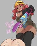  1girl 2021 agawa_ryou black_legwear breasts closed_eyes commentary dark_skin dildo english_commentary grey_background hardhat helmet huge_breasts original pointy_ears red_hair sex_toy simple_background smile sweat thick_thighs thighhighs thighs 