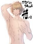  1boy abs blonde_hair blush fatherlobin gawain_(granblue_fantasy) grabbing granblue_fantasy highres looking_at_viewer male_focus navel pectoral_grab pectorals self_fondle short_hair simple_background solo sweat toned toned_male upper_body white_background 