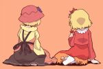  2girls aki_minoriko aki_shizuha black_skirt blonde_hair food_themed_hair_ornament grape_hair_ornament hair_ornament hat leaf_hair_ornament long_skirt long_sleeves multiple_girls rangycrow red_skirt short_hair simple_background skirt touhou white_legwear 