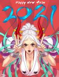  1girl 2021 bare_arms bare_shoulders breasts brown_eyes chinese_zodiac cleavage earrings hair_ornament hair_stick happy_new_year hoop_earrings horns horns_pose japanese_clothes jewelry long_hair looking_at_viewer multicolored_hair new_year one_piece oni open_mouth q-bit red_background rope solo yamato_(one_piece) year_of_the_ox 
