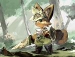  2017 ambiguous_gender anthro armor belt bottomwear canid canine chest_tuft clothing footwear fox hair hi_res holding_melee_weapon holding_object holding_shield koki mammal outside pants plant shield shoes solo standing tree tuft white_hair 