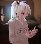  1girl absurdres albino bedroom blood blood_on_face bloody_hands blurry blurry_background earrings empty_eyes hair_ornament hairclip highres hood hood_down hoodie horns indoors jewelry kumaartsu looking_at_hands original pale_skin pointy_ears red_eyes red_horns short_twintails solo twintails white_hair white_hoodie 