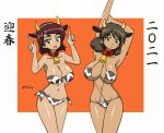  10_ji_lay 2021 2girls :d :o animal_collar animal_ears animal_print arm_behind_head arm_up armpits bangs bell bell_collar bikini black_eyes black_hair blunt_ends bob_cut border breasts brown_hair chinese_zodiac cleavage collar commentary cow_ears cow_horns cow_print curly_hair dark_skin dark_skinned_female eyebrows_visible_through_hair eyepatch_bikini fake_animal_ears fake_horns front-tie_bikini front-tie_top girls_und_panzer green_eyes highres horns horns_pose large_breasts looking_at_viewer multiple_girls navel new_year open_mouth orange_background red_collar short_hair side-tie_bikini skindentation smile standing strapless strapless_bikini stretch swept_bangs swimsuit translated tristana_(girls_und_panzer) twitter_username viridiana_(girls_und_panzer) white_border year_of_the_ox 