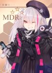  1girl aaoshigatoutoi absurdres beret black_jacket cellphone flip_phone girls_frontline gloves grin hat highres index_finger_raised jacket long_hair looking_at_viewer mdr_(girls_frontline) multicolored_hair one_eye_closed one_side_up phone pink_eyes pink_hair smile solo streaked_hair upper_body white_hair 