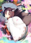  1girl animal_ear_fluff animal_ears bangs black_hair blurry blurry_background blush bow closed_mouth commentary_request day depth_of_field eyebrows_visible_through_hair fox_ears fox_girl fox_tail from_above hakama japanese_clothes kamizaki_hibana kimono kitsune long_sleeves looking_at_viewer looking_up miko multiple_tails original outdoors parted_bangs petals red_bow red_eyes red_hakama reflection ribbon-trimmed_sleeves ribbon_trim ripples short_hair sleeves_past_fingers sleeves_past_wrists smile solo tail torii water white_kimono wide_sleeves 