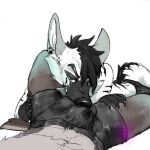  anthro balls_outline black_body black_clothing black_fur black_hair black_underwear blue_eyes bodily_fluids boxers_(clothing) bulge claws close-up clothed clothing crotch_sniffing duo ear_piercing eyebrows fur genital_fluids genital_outline grabbing_legs grabbing_thighs hair hi_res hyaenid leg_over_shoulder licking lying male male/male mammal mej nabata narrowed_eyes naughty_face nipples on_back on_front penis_outline piercing precum precum_through_clothing raised_eyebrow sheath_outline simple_background sniffing striped_hyena tongue tongue_out topless underwear wet wet_clothing white_background white_body white_fur 