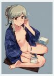  1girl bangs banned_artist blue_background blue_jacket book bottomless breasts brown_eyes cushion eyebrows_visible_through_hair from_above grey_hair hair_ribbon hanten_(clothes) holding holding_book jacket kantai_collection long_hair makio_(makiomeigenbot) nipples notice_lines open_clothes open_mouth ponytail ribbon sidelocks signature simple_background sitting small_breasts solo usugumo_(kancolle) 