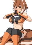  1girl absurdres animal_ears bare_shoulders blazblue blush boots breasts brown_eyes cellphone commentary_request fingerless_gloves gloves hair_between_eyes hands_together highres large_breasts makoto_nanaya mirano object_on_breast open_mouth phone sitting sitting_on_tail smartphone solo squirrel_ears squirrel_girl squirrel_tail tail thighhighs thighhighs_under_boots underboob 