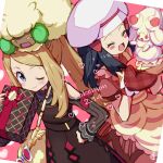  2girls alcremie alcremie_(strawberry_sweet) blush_stickers box brown_dress chef_hat closed_eyes closed_mouth commentary_request copyright_name dawn_(pokemon) dress eyelashes eyewear_removed gen_5_pokemon gen_8_pokemon gift gift_box grey_eyes hand_on_hip hat heart holding kingin light_brown_hair long_sleeves multiple_girls on_head one_eye_closed open_mouth oven_mitts pokemon pokemon_(creature) pokemon_(game) pokemon_masters_ex pokemon_on_head red_dress red_mittens red_ribbon ribbon serena_(pokemon) smile sunglasses tongue whimsicott white-framed_eyewear 
