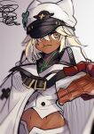  1girl blonde_hair blurry cape chocolate clover_hair_ornament commentary commentary_request depth_of_field eating food food_on_face gloves guilty_gear hair_ornament hat hat_ornament midriff orange_eyes perspective ramlethal_valentine sowel_(sk3) valentine 