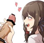  1boy 1girl bangs bar_censor blush brown_hair censored eyebrows_visible_through_hair hair_ornament halusal-i handjob heart highres last_origin penis profile scissors_lise shirt straight_hair teeth tongue white_background white_shirt 