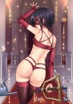  1girl adsouto arm_up ass black_hair blue_eyes bridal_gauntlets detached_sleeves from_behind highres holding holding_weapon keyblade kingdom_hearts kingdom_key lingerie looking_at_viewer looking_back mask red_legwear short_hair solo thighhighs underwear weapon xion_(kingdom_hearts) 
