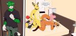  ampharos anthro bareback bed bodily_fluids butt canid canine clothed clothing cum cum_on_back cum_on_butt duo felid fox furniture genital_fluids genitals group hi_res male male/male mammal nintendo pantherine penis pok&eacute;mon pok&eacute;mon_(species) snofu tail_grab text tiger video_games 