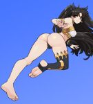  1girl armlet black_hair breasts closed_mouth donburikazoku earrings fate/grand_order fate_(series) highres ishtar_(fate)_(all) jewelry long_hair looking_at_viewer neck_ring red_eyes simple_background single_thighhigh smile solo thighhighs 