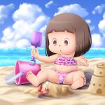  1girl alcyoneax animal_crossing barefoot beach belly bikini bob_cut brown_eyes brown_hair bucket child cloud cloudy_sky crab flag heart heart_print highres navel ocean open_mouth pink_bikini plump print_bikini red_nose sand sand_castle sand_sculpture short_hair shovel sitting sky soles spread_legs swimsuit villager_(animal_crossing) white_flag 