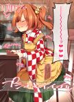  1girl apron bell book chair closed_eyes cross-section green_skirt hair_bell hair_ornament haori harusame_(unmei_no_ikasumi) japanese_clothes long_sleeves masturbation motoori_kosuzu open_mouth orange_hair orgasm skirt speech_bubble touhou twitching two_side_up 
