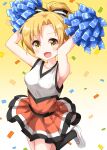  1girl anima_yell! arm_up bangs black_bow black_legwear blonde_hair bow breasts cheering cheerleader confetti eyebrows_visible_through_hair gradient gradient_background hair_bow highres holding holding_pom_poms leg_up looking_at_viewer medium_breasts multicolored_bow open_mouth pom_poms ponytail ruu_(tksymkw) sawatari_uki shoes short_hair sleeveless smile sneakers solo white_bow white_footwear yellow_background yellow_eyes 