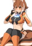  1girl absurdres animal_ears bare_shoulders blazblue blush boots breasts brown_eyes cellphone closed_mouth commentary_request fingerless_gloves gloves hair_between_eyes highres large_breasts makoto_nanaya mirano object_on_breast phone sitting sitting_on_tail smartphone solo squirrel_ears squirrel_girl squirrel_tail sweatdrop tail thighhighs thighhighs_under_boots underboob wavy_mouth 