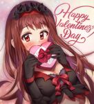  1girl bangs bare_shoulders black_gloves blush box breasts brown_hair chobi_(penguin_paradise) cleavage commentary_request covered_mouth crop_top elbow_gloves eyebrows_visible_through_hair gift gift_box gloves hairband hands_up happy_valentine heart-shaped_box highres holding holding_gift idolmaster idolmaster_million_live! long_hair looking_at_viewer medium_breasts red_eyes red_hairband solo tanaka_kotoha upper_body very_long_hair 