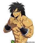  1boy abs bara black_eyes black_hair broly_(dragon_ball_super) dragon_ball dragon_ball_super dragon_ball_super_broly fighting_stance frown large_pectorals male_focus medium_hair muscular muscular_male nipples scar scar_on_chest shirtless solo spiked_hair stomach tarutobi upper_body 