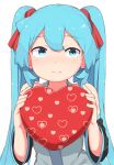  1girl abmayo aqua_eyes aqua_hair bangs bare_shoulders blue_eyes blush box closed_mouth commentary detached_sleeves eyebrows_visible_through_hair hair_between_eyes hair_ornament hair_ribbon hands_up hatsune_miku heart heart-shaped_box holding long_hair long_sleeves looking_at_viewer red_ribbon ribbon shirt simple_background smile solo twintails upper_body valentine very_long_hair vocaloid white_background 