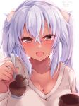  1girl absurdres blush breasts brown_eyes candy chocolate chocolate_heart cleavage collarbone dark_skin dark_skinned_female eyebrows_visible_through_hair fang food glasses heart highres holding holding_spoon kantai_collection large_breasts lips long_hair mashiro_yukiya musashi_(kancolle) open_mouth rectangular_eyewear smile solo spoon twintails white_hair 