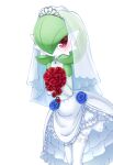  1girl bare_shoulders blue_flower blue_rose blush bouquet bridal_veil choker closed_mouth clothed_pokemon colored_skin commentary_request detached_sleeves dress flat_chest floral_print flower gardevoir gem gen_3_pokemon green_skin hands_up happy heart heart_in_eye highres holding holding_bouquet layered_dress leaning_forward legs_together muguet multicolored multicolored_skin pokemon pokemon_(creature) red_eyes red_flower red_rose rose rose_print sapphire_(gemstone) see-through simple_background smile solo standing symbol_in_eye thighhighs tiara two-tone_skin veil wedding_dress white_background white_choker white_dress white_legwear white_skin white_sleeves 