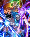  3boys black_eyes black_hair blue_hair broly_(dragon_ball_super) dragon_ball dragon_ball_super dragon_ball_super_broly fighting_stance full_body green_hair highres kamehameha large_pectorals male_focus multiple_boys muscular muscular_male nipples no_pupils scar scar_on_chest shirtless short_hair skin_tight son_goku spiked_hair super_saiyan super_saiyan_blue super_saiyan_full_power tarutobi torn_clothes ultra_instinct vegeta 