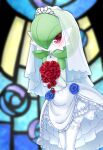  1girl bare_shoulders blue_flower blue_rose blurry blurry_background blush bouquet bridal_veil choker closed_mouth clothed_pokemon colored_skin commentary_request detached_sleeves dress flat_chest floral_print flower gardevoir gem gen_3_pokemon green_skin hands_up happy heart heart_in_eye highres holding holding_bouquet layered_dress leaning_forward legs_together muguet multicolored multicolored_skin pokemon pokemon_(creature) red_eyes red_flower red_rose rose rose_print sapphire_(gemstone) see-through smile solo stained_glass standing symbol_in_eye thighhighs tiara two-tone_skin veil wedding_dress white_choker white_dress white_legwear white_skin white_sleeves 