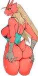  2021 4_fingers anthro blaziken blue_eyes blush bodily_fluids breasts butt clothing female fingers holding_butt looking_back mcfli nintendo one-piece_swimsuit pinup pok&eacute;mon pok&eacute;mon_(species) portrait pose rear_view red_body side_boob simple_background sketch solo sweat swimwear three-quarter_portrait video_games white_background yellow_sclera 