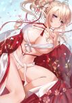  1girl absurdres azur_lane bare_shoulders biandu_youdushi blonde_hair breasts chinese_clothes choker cleavage_cutout clothing_cutout dress flower glorious_(azur_lane) glorious_(pungent_plum)_(azur_lane) hair_flower hair_ornament hair_stick highres kanzashi large_breasts long_hair looking_at_viewer lying neck_ribbon neckwear o-ring official_alternate_costume on_back open_clothes open_dress purple_eyes red_choker red_dress red_neckwear red_ribbon ribbon solo tied_hair white_flower wide_sleeves 