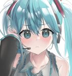  1girl bare_shoulders blue_eyes blue_hair blue_neckwear blush closed_mouth collarbone collared_shirt commentary_request dd_(redisia) detached_sleeves dress_shirt eyebrows_visible_through_hair frilled_shirt_collar frills grey_shirt hair_between_eyes hand_in_hair hatsune_miku headset long_hair looking_at_viewer nail_polish necktie portrait shiny shiny_hair shirt simple_background sleeveless sleeveless_shirt solo twintails vocaloid white_background 