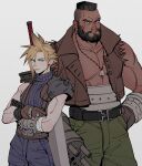  absurdres arm_cannon armor barret_wallace beard belt biceps black_hair blonde_hair blue_eyes brown_eyes buster_sword cloud_strife crossed_arms dark_skin dark_skinned_male dog_tags facial_hair final_fantasy final_fantasy_vii gauntlets hand_on_hip highres looking_at_viewer male_focus oimkimn pectorals shoulder_armor simple_background sleeveless sleeveless_turtleneck spiked_hair suspenders sword sword_behind_back turtleneck vest weapon 