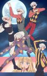  1boy 1girl bangs blonde_hair blue_eyes grey_hair gundam hands_together harry_ord kihel_heim looking_down moon pajamas planet pose son_(skvnmn0) space star_(symbol) striped_suit sunglasses turn_a_gundam vest 