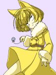  1girl animal_ears belt black_eyes blonde_hair bob_cut buttons closed_mouth coat colored_skin commentary_request fur-trimmed_coat fur-trimmed_sleeves fur_collar fur_trim gen_1_pokemon half-closed_eyes hand_up happy head_tilt holding hypno jewelry long_sleeves muguet pendulum personification pokemon pokemon_(creature) purple_background ring short_hair simple_background smile solo string yellow_coat yellow_skin 