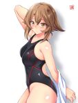  arms_behind_back artist_logo black_swimsuit breasts brown_hair collarbone competition_swimsuit covered_navel cowboy_shot eyebrows_visible_through_hair flipped_hair green_eyes hair_between_eyes highres kantai_collection looking_at_viewer medium_breasts mutsu_(kancolle) one-piece_swimsuit sebunsu short_hair simple_background swimsuit towel two-tone_swimsuit white_background 