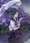  1girl black_hair character_request copyright_request dark flower fog holding holding_umbrella loafers looking_at_viewer outdoors park pleated_skirt purple_eyes purple_flower rain school_uniform serafuku shoes skirt solo umbrella usatsuka_eiji 