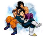  3boys black_eyes black_hair blush broly_(dragon_ball_super) crossed_legs dark_skin dark_skinned_male dragon_ball dragon_ball_super dragon_ball_super_broly hug leaning_on_person male_focus multiple_boys muscular muscular_male one_eye_closed pants pectorals saiyan_armor scar scar_on_chest shirtless short_hair skin_tight son_goku spiked_hair tarutobi tight tight_pants vegeta 