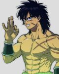  1boy abs bara black_eyes black_hair bracer broly_(dragon_ball_super) dragon_ball dragon_ball_super dragon_ball_super_broly looking_at_viewer male_focus medium_hair muscular muscular_male navel nipples ok_sign pectorals scar scar_on_chest shirtless smile solo spiked_hair stomach tarutobi upper_body 