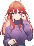  1girl absurdres ahoge arjent blue_eyes blush breasts closed_mouth eyebrows_visible_through_hair glasses go-toubun_no_hanayome hair_between_eyes hair_ornament hand_up highres holding holding_eyewear large_breasts long_hair long_sleeves looking_at_viewer nakano_itsuki purple_sweater red-framed_eyewear red_hair simple_background solo star_(symbol) star_hair_ornament sweater turtleneck turtleneck_sweater white_background 