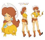  1girl alternate_costume blue_eyes brown_hair cowboy cowboy_hat daisy earrings facing_away facing_viewer flower flower_earrings gun hat holding holding_gun holding_weapon holster jewelry jivke mario_(series) one_eye_closed princess_daisy short short_shorts shorts super_mario_bros. super_smash_bros. weapon western white_background 