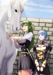  2girls belt blue_hair blue_sky braid brown_eyes closed_mouth crown_braid day fire_emblem fire_emblem:_mystery_of_the_emblem fire_emblem:_three_houses garreg_mach_monastery_uniform green_eyes green_hair headband highres horse long_hair long_sleeves marianne_von_edmund multiple_girls open_mouth palla_(fire_emblem) scabbard sheath sheathed sky sukkirito_(rangusan) sword uniform weapon white_headband 