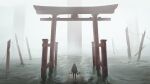  1girl absurdres commentary_request facing_away fog from_behind highres holding jacket long_hair long_sleeves ocean original outdoors piroshiki_(aoraro) scenery sky solo standing torii water wide_shot 