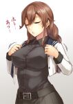  1girl abo_(hechouchou) bangs belt black_sailor_collar black_shirt black_skirt blush braid breasts brown_hair closed_eyes covered_nipples dress_shirt gradient gradient_background grey_background highres hot kantai_collection large_breasts long_sleeves no_gloves noshiro_(kancolle) open_clothes open_mouth open_shirt sailor_collar sailor_shirt shirt simple_background skirt solo sweat swept_bangs twin_braids 