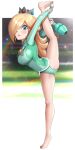  1girl adapted_costume bare_legs barefoot blonde_hair blue_eyes breasts club covered_navel crown flexible full_body gonzarez hair_over_one_eye highres lips long_hair long_sleeves looking_at_viewer mario_(series) object_request rosalina solo split standing standing_on_one_leg standing_split star_(symbol) super_mario_galaxy weapon 