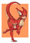  bent_over blue_eyes breasts captaincob countershading female fluffy_ears hanging_breasts hi_res kobold nipples red_body red_skin scalie simple_background solo tongue tongue_out 