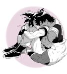  2boys bara black_eyes black_hair blush broly_(dragon_ball_super) dark_skin dark_skinned_male dragon_ball dragon_ball_super dragon_ball_super_broly full_body greyscale head_on_another&#039;s_shoulder hug hug_from_behind interracial male_focus medium_hair monochrome multiple_boys muscular muscular_male pants scar scar_on_chest shirtless skin_tight son_goku spiked_hair tarutobi tight tight_pants yaoi 